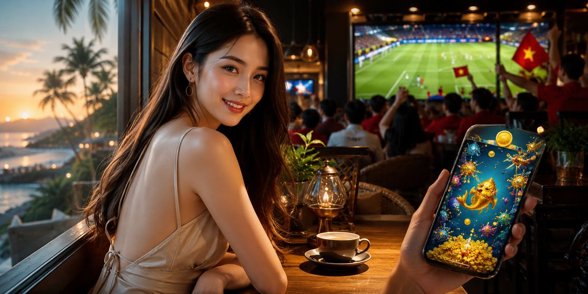 Người dùng tại Phú Quốc thưởng thức cà phê và chơi mobile casino trên điện thoại